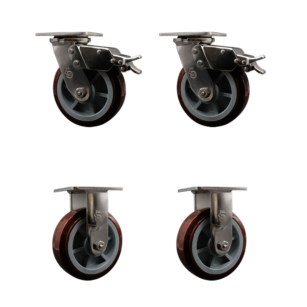 316 Stainless Steel Heavy Duty Swivel Caster Set of 4 with 6 Inch Polyurethane Wheels - Includes 2 Swivel with Total Lock Brakes and 2 Rigid - 3,600 lbs. Total Capacity - Service Caster Brand — photo 1