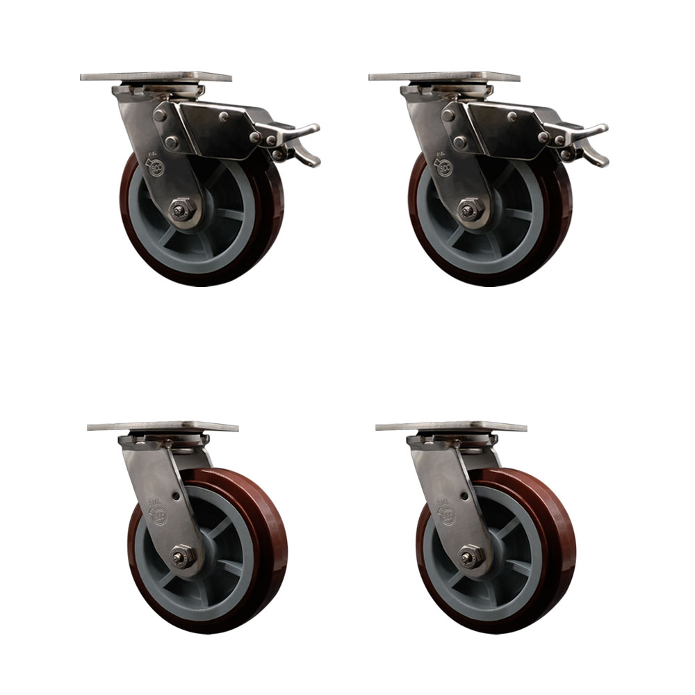 316 Stainless Steel Heavy Duty Swivel Caster Set of 4 with 6 Inch Polyurethane Wheels and Delrin Bearings - Includes 4 Swivel with 2 Total Lock Brakes - 3,600 lbs. Total Capacity- Service Caster Brand — photo 1