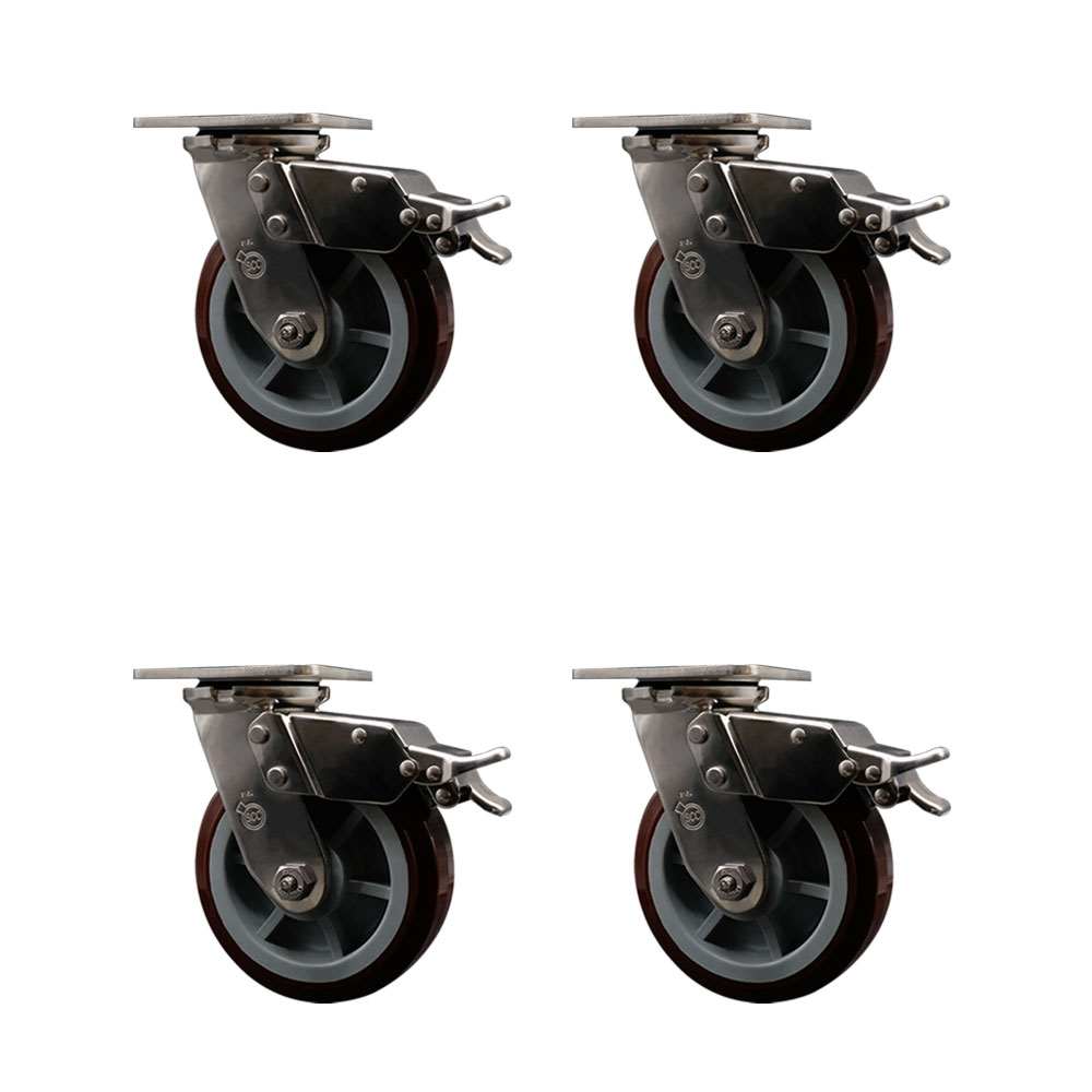316 Stainless Steel Heavy Duty Swivel Caster Set of 4 with 6 Inch Polyurethane Wheels and Ball Bearings - Includes 4 Swivel with Total Lock Brakes - 3,600 lbs. Total Capacity - Service Caster Brand — photo 1