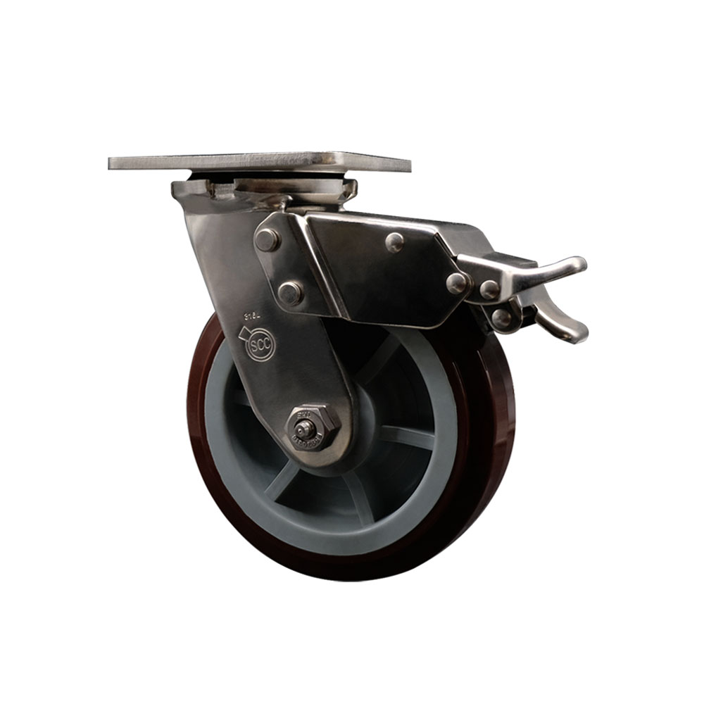 316 Stainless Steel Heavy Duty Swivel Top Plate Caster with Total Lock Brake and 6 Inch Polyurethane Wheel with Ball Bearings - 900 lbs. Capacity/Caster - Service Caster Brand — photo 1