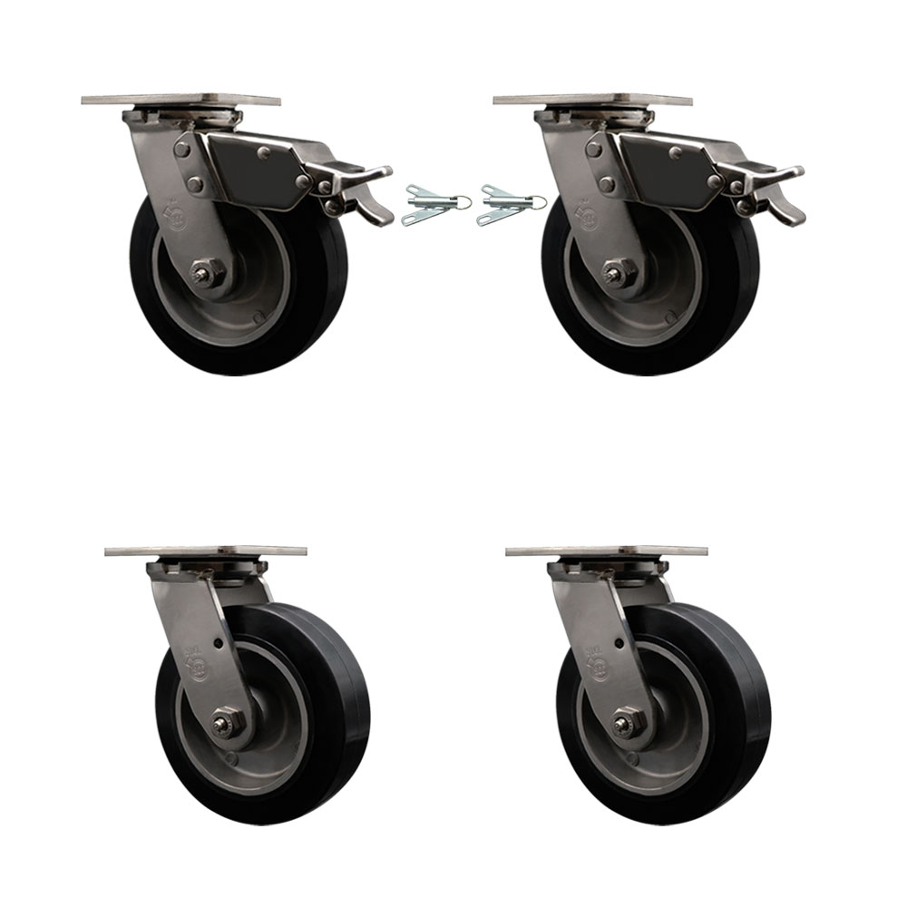 316 Stainless Heavy Duty Swivel Caster Set with 6 Inch Rubber on Aluminum Wheels and Ball Bearings -Includes 2 Swivel with Total Lock Brakes and 2 Swivel with Bolt on Swivel Locks-Service Caster Brand — photo 1