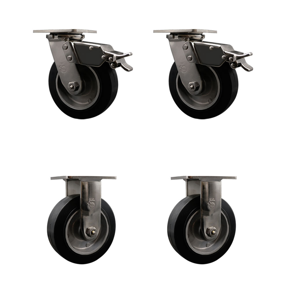316 Stainless Steel Heavy Duty Swivel Caster Set of 4 with 6 Inch Rubber on Aluminum Wheels and Ball Bearings - Includes 2 Swivel with Total Lock Brakes and 2 Rigid - Service Caster Brand — photo 1
