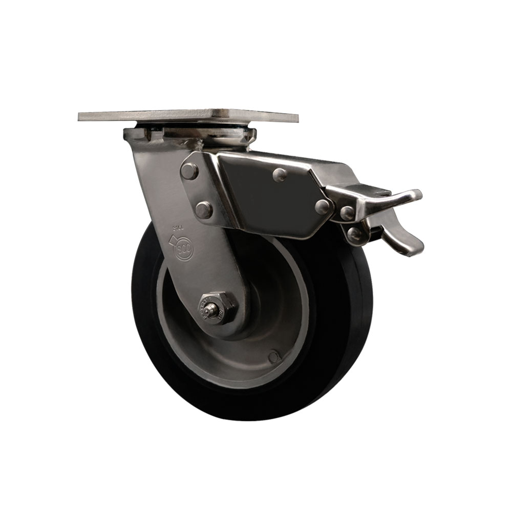 316 Stainless Steel Heavy Duty Swivel Top Plate Caster with Total Lock Brake and 6 Inch Rubber on Aluminum Wheel - 550 lbs. Capacity/Caster - Service Caster Brand — photo 1