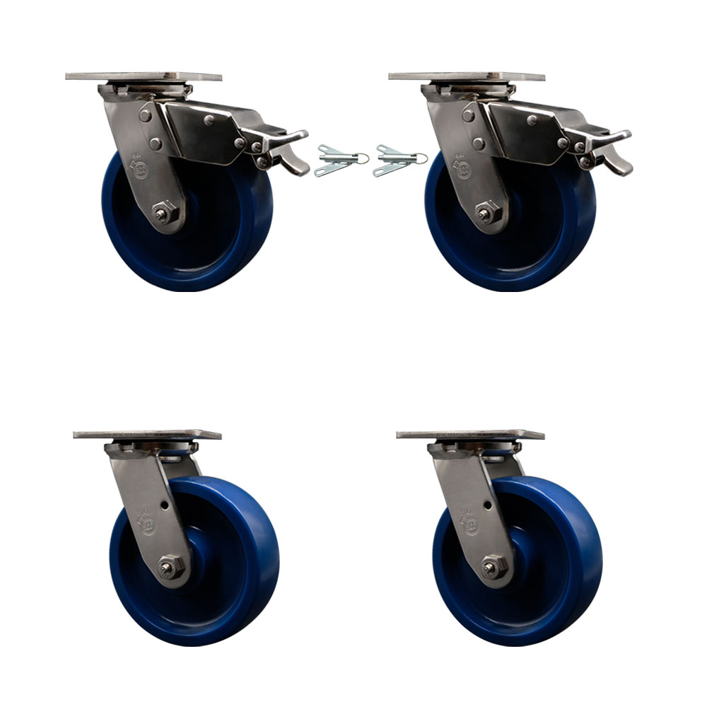 316 Stainless Heavy Duty Swivel Caster Set with 6 Inch Solid Polyurethane Wheels and Delrin Bearings- Include 2 Swivel with Total Lock Brakes and 2 Swivel with Bolt on Swivel Lock-Service Caster Brand — photo 1