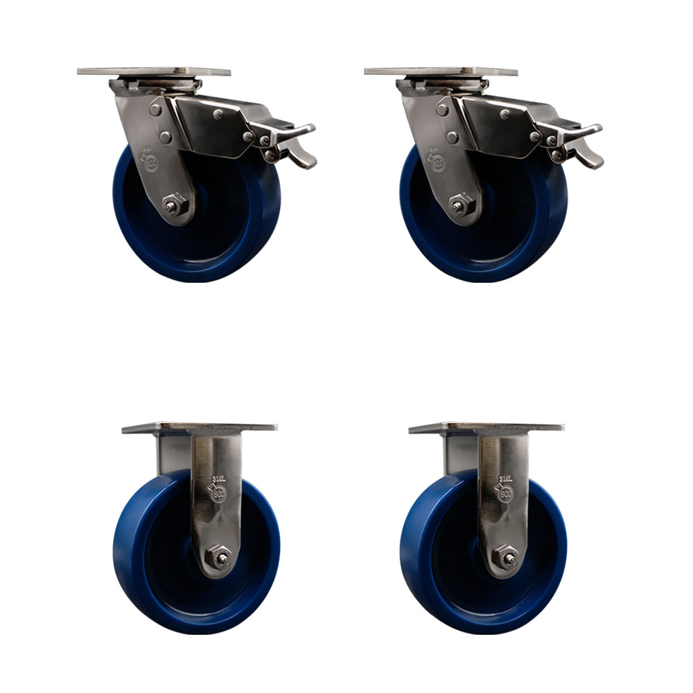 316 Stainless Steel Heavy Duty Swivel Caster Set of 4 with 6 Inch Solid Polyurethane Wheels - Includes 2 Swivel with Total Lock Brakes and 2 Rigid - 4,800 lbs. Total Capacity - Service Caster Brand — photo 1
