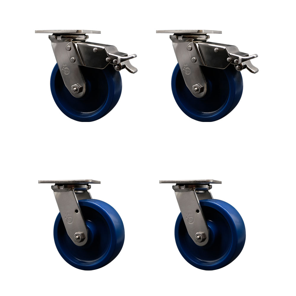 316 Stainless Steel Heavy Duty Swivel Caster Set of 4 with 6 Inch Solid Polyurethane Wheels and Ball Bearings- Includes 4 Swivel with 2 Total Lock Brakes-4,800 lbs. Total Capacity-Service Caster Brand — photo 1