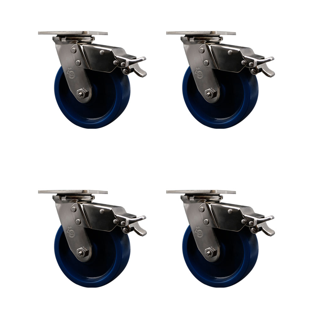 316 Stainless Steel Heavy Duty Swivel Caster Set of 4 with 6 Inch Solid Polyurethane Wheels and Ball Bearings - Includes 4 Swivel with Total Lock Brakes- 4,800 lbs. Total Capacity-Service Caster Brand — photo 1