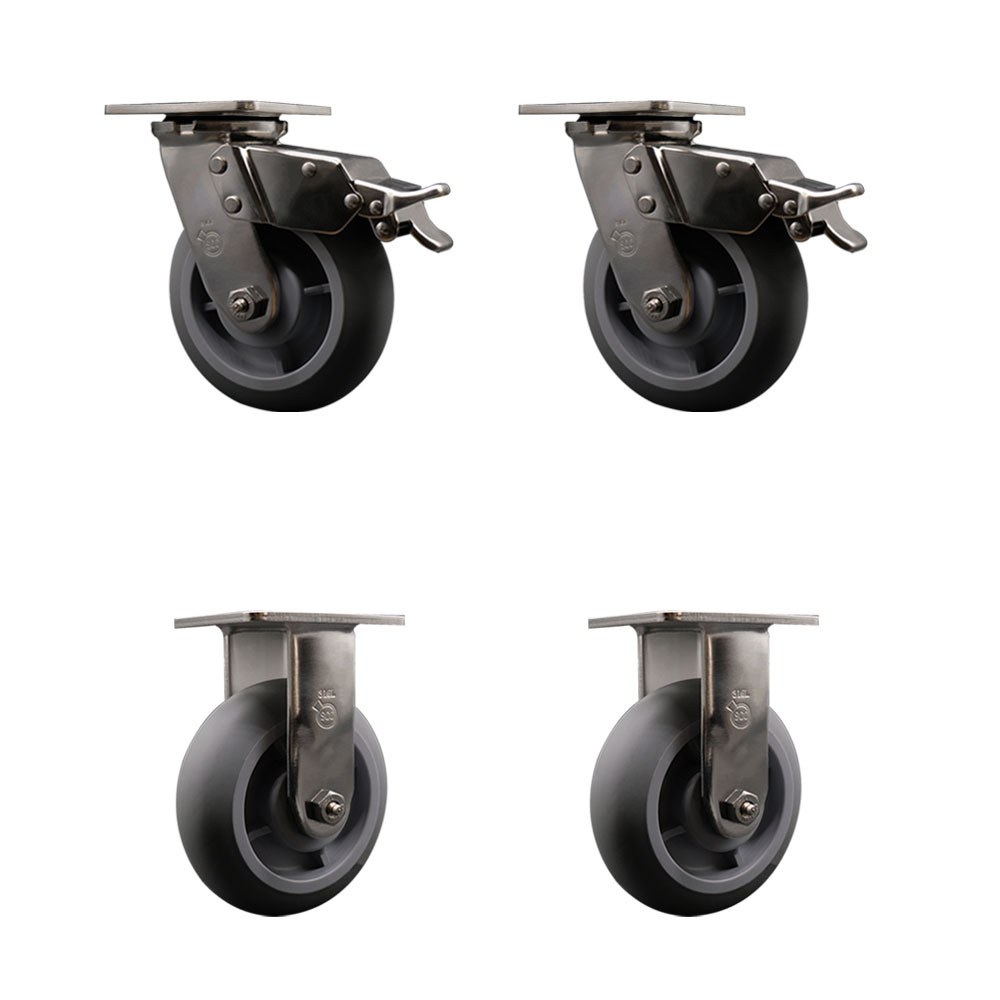 316 Stainless Steel Heavy Duty Swivel Caster Set of 4 with 6 Inch Thermoplastic Rubber Donut Tread Wheels and Delrin Bearings -Includes 2 Swivel with Total Lock Brakes and 2 Rigid-Service Caster Brand — photo 1