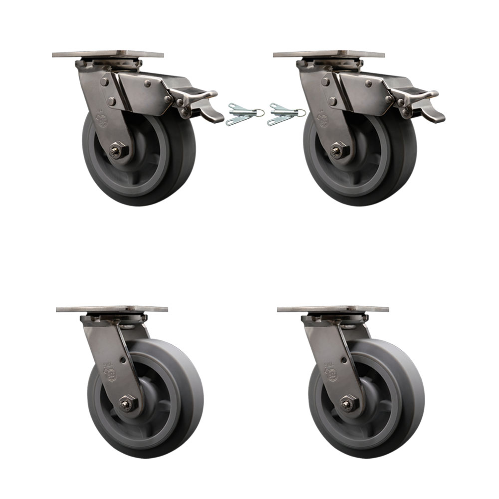 316 Stainless Heavy Duty Swivel Caster Set with 6 Inch Thermoplastic Rubber Flat Tread Wheels - Includes 2 Swivel with Total Lock Brakes and 2 Swivel with Swivel Locks - Service Caster Brand — photo 1