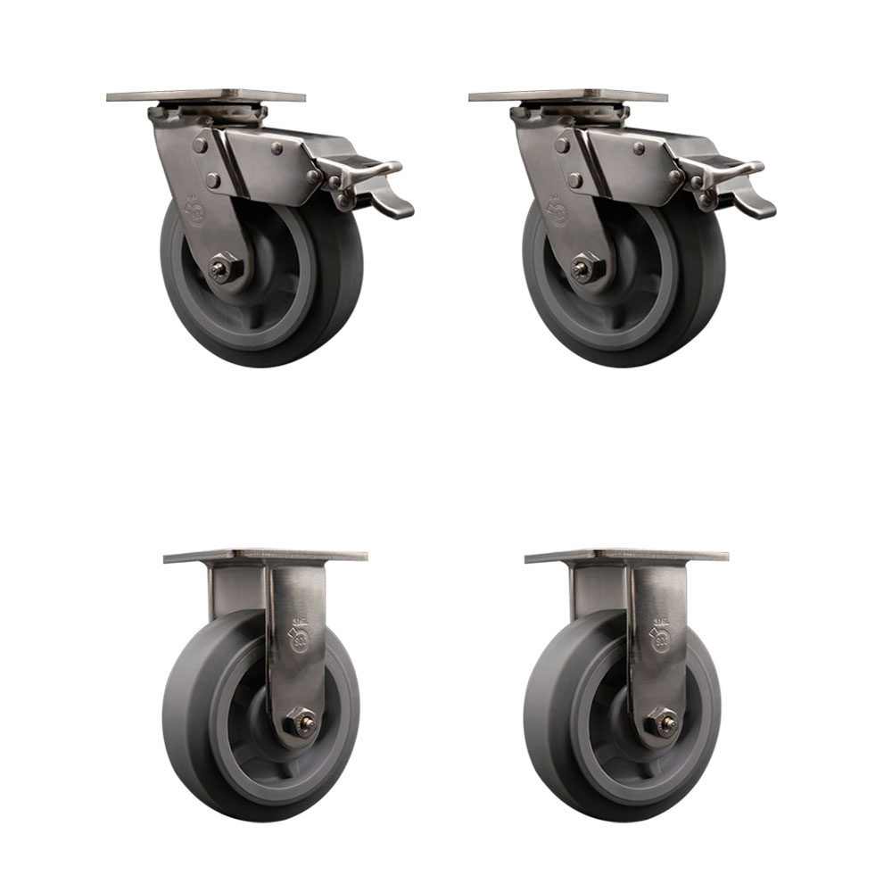 316 Stainless Steel Heavy Duty Swivel Caster Set of 4 with 6 Inch Thermoplastic Rubber Flat Tread Wheels and Delrin Bearings -Includes 2 Swivel with Total Lock Brakes and 2 Rigid- Service Caster Brand — photo 1