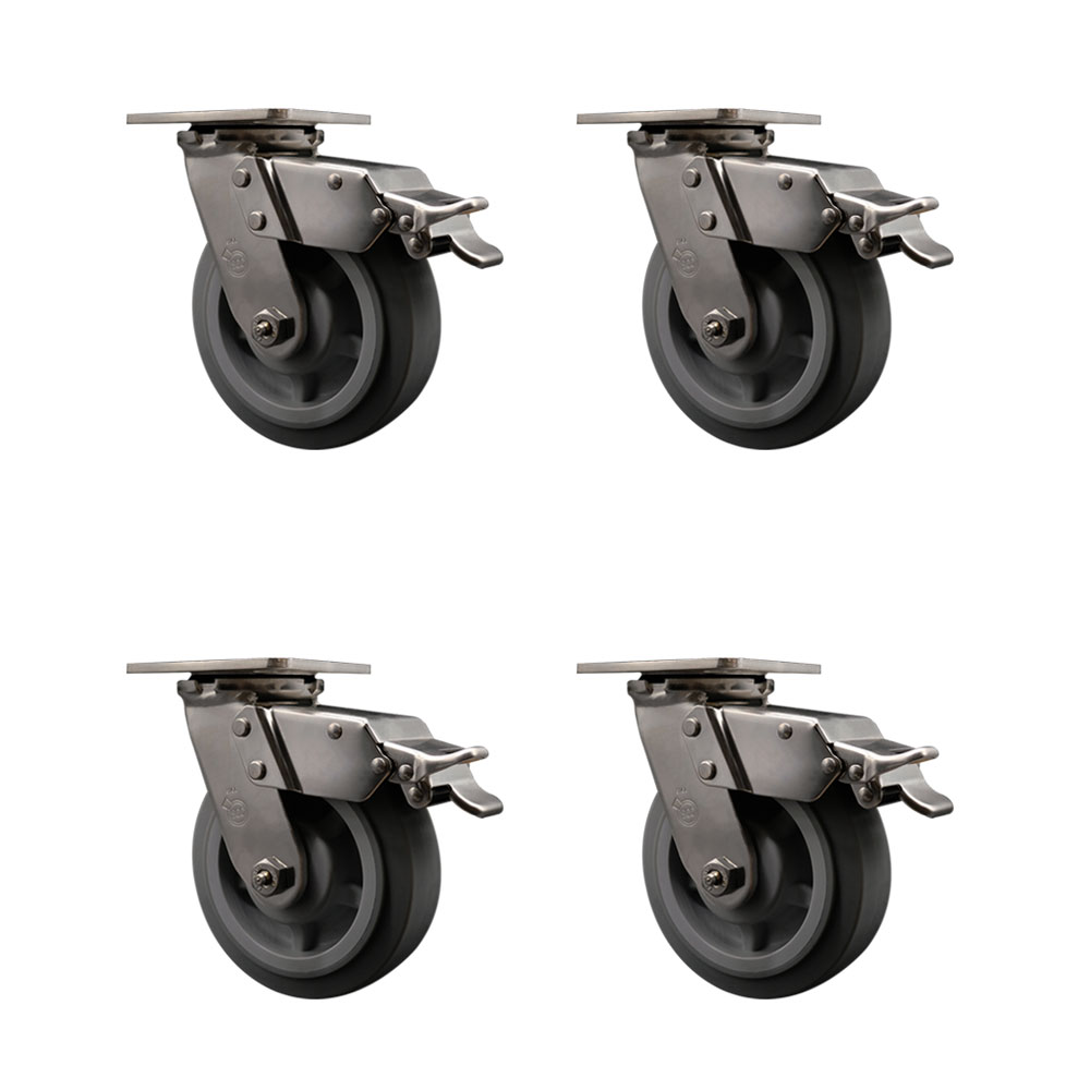 316 Stainless Steel Heavy Duty Swivel Caster Set of 4 with 6 Inch Thermoplastic Rubber Flat Tread Wheels and Delrin Bearings - Includes 4 Swivel with Total Lock Brakes - Service Caster Brand — photo 1