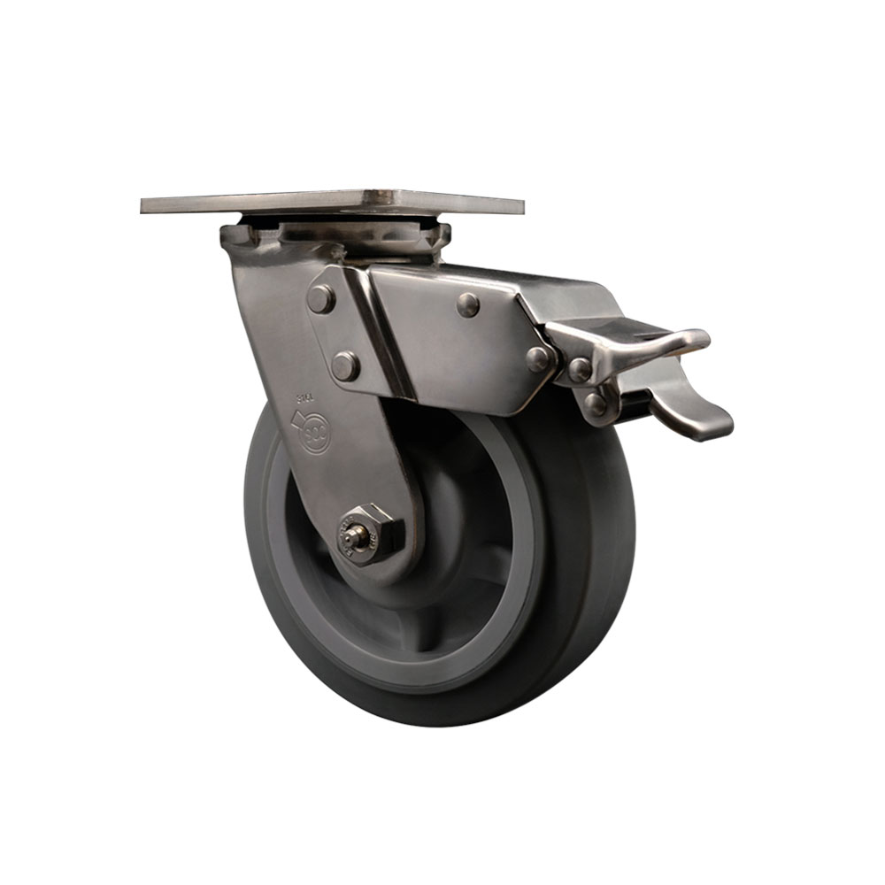 316 Stainless Steel Heavy Duty Swivel Top Plate Caster with Total Lock Brake and 6 Inch Thermoplastic Rubber Flat Tread Wheel with Delrin Bearings - 500 lbs. Capacity/Caster - Service Caster Brand — photo 1