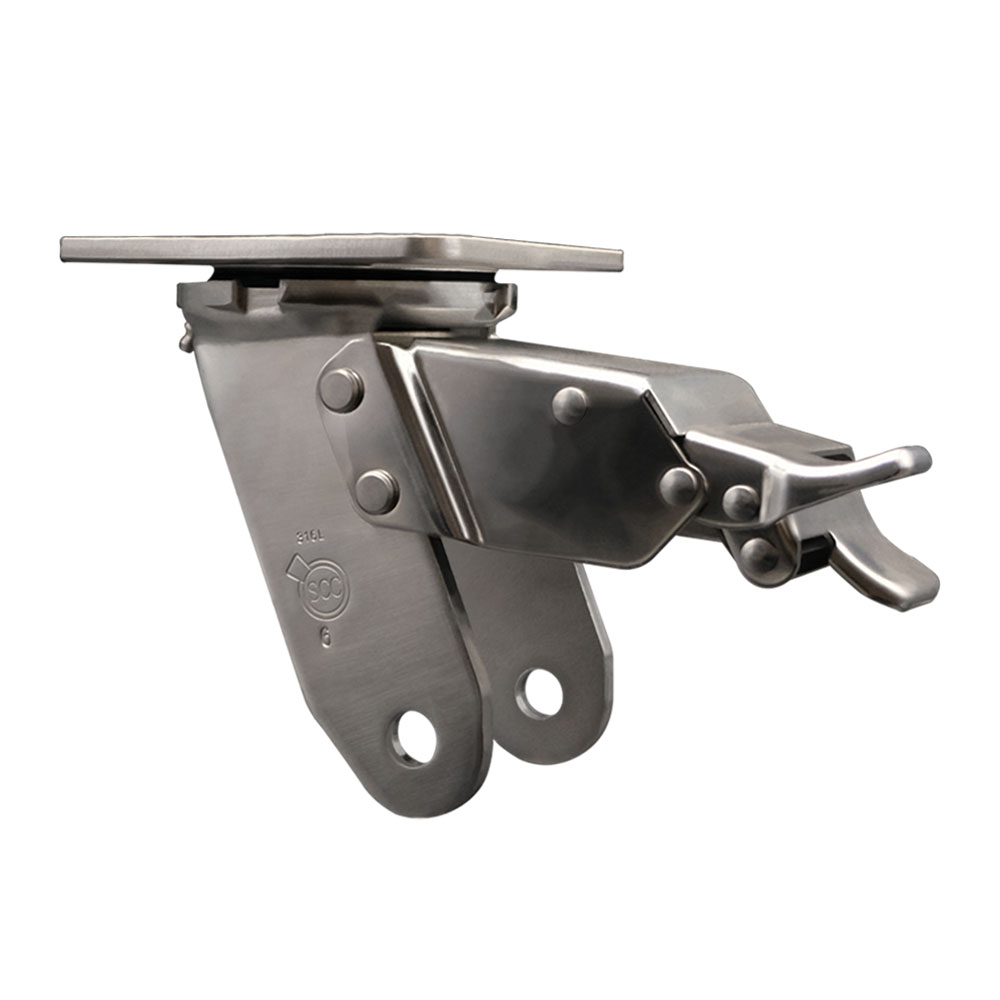 6 Inch 316 Stainless Steel Swivel Caster Fork Yoke Rig Frame with Total Lock Brake for Caster Wheels - 1,250 lbs. Max Capacity - 4" x 4-1/2" Overall Top Plate - Service Caster Brand — photo 1
