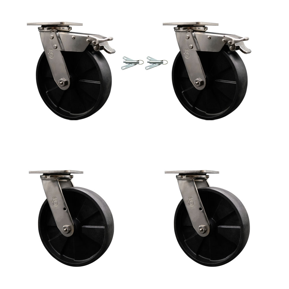 316 Stainless Heavy Duty Swivel Caster Set with 8 Inch Glass Filled Nylon Wheels and Delrin Bearings - Includes 2 Swivel w/Total Lock Brakes and 2 Swivel w/Bolt on Swivel Locks - Service Caster Brand — photo 1
