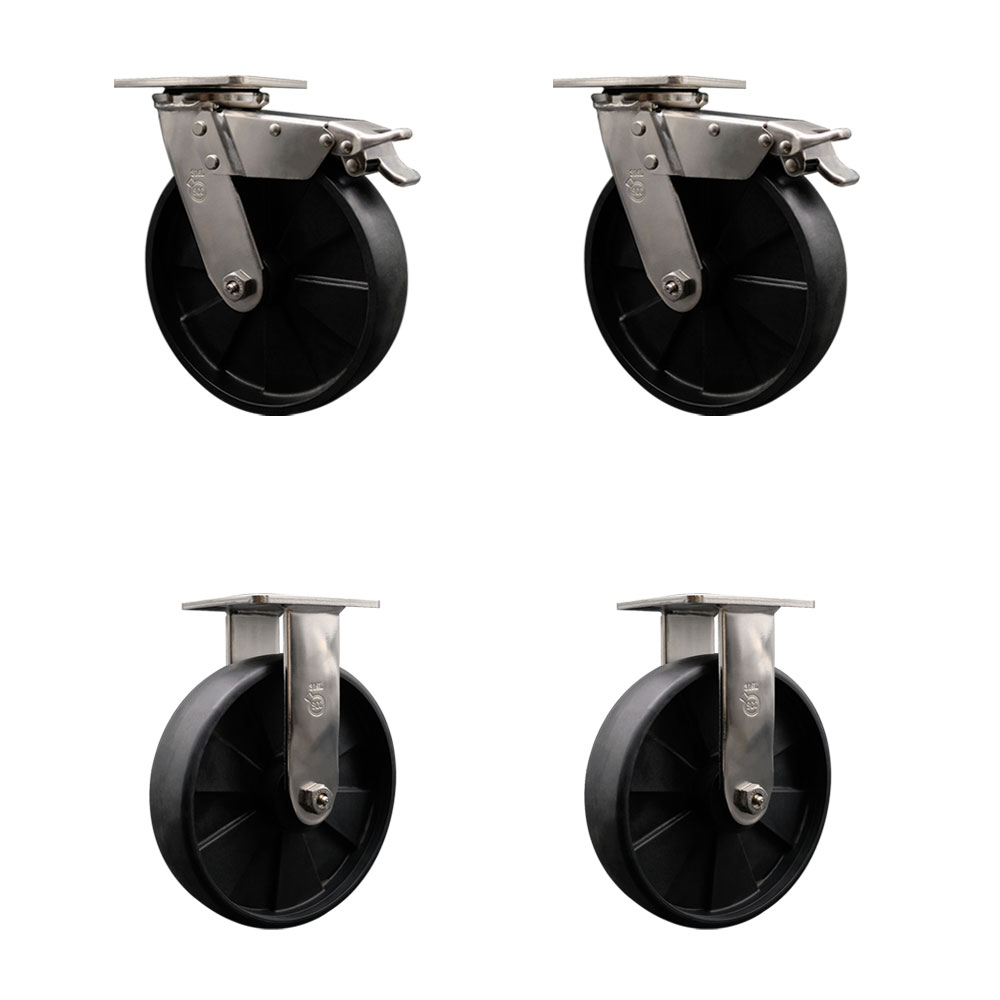 316 Stainless Steel Heavy Duty Swivel Caster Set of 4 with 8 Inch Glass Filled Nylon Wheels - Includes 2 Swivel with Total Lock Brakes and 2 Rigid - 5,000 lbs. Total Capacity - Service Caster Brand — photo 1