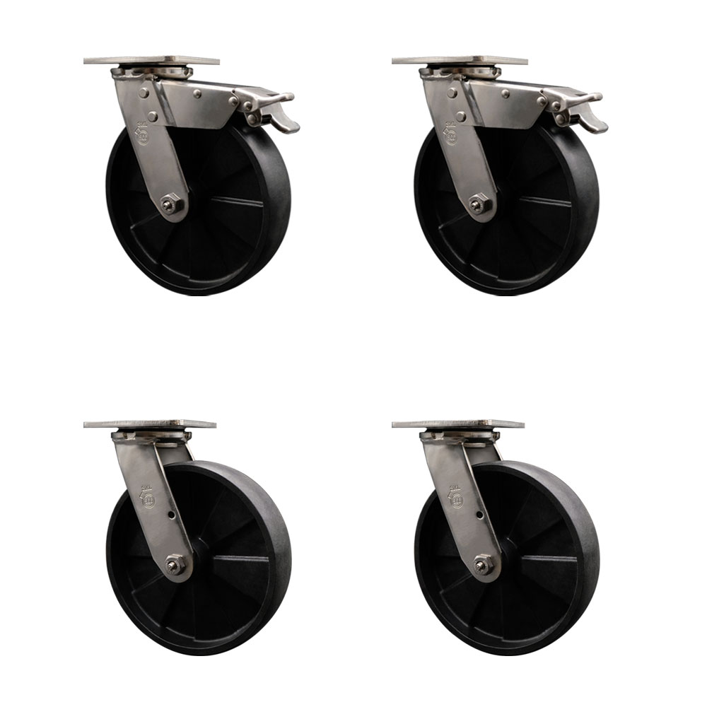 316 Stainless Steel Heavy Duty Swivel Caster Set of 4 with 8 Inch Glass Filled Nylon Wheels and Ball Bearings - Includes 4 Swivel with 2 Total Lock Brakes - Service Caster Brand — photo 1