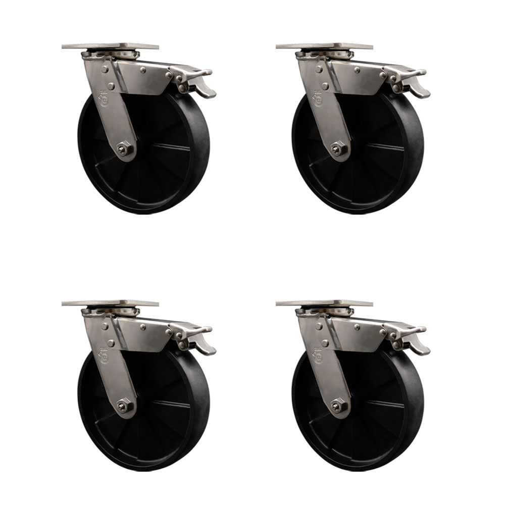 316 Stainless Steel Heavy Duty Swivel Caster Set of 4 with 8 Inch Glass Filled Nylon Wheels and Ball Bearings - Includes 4 Swivel with Total Lock Brakes - Service Caster Brand — photo 1