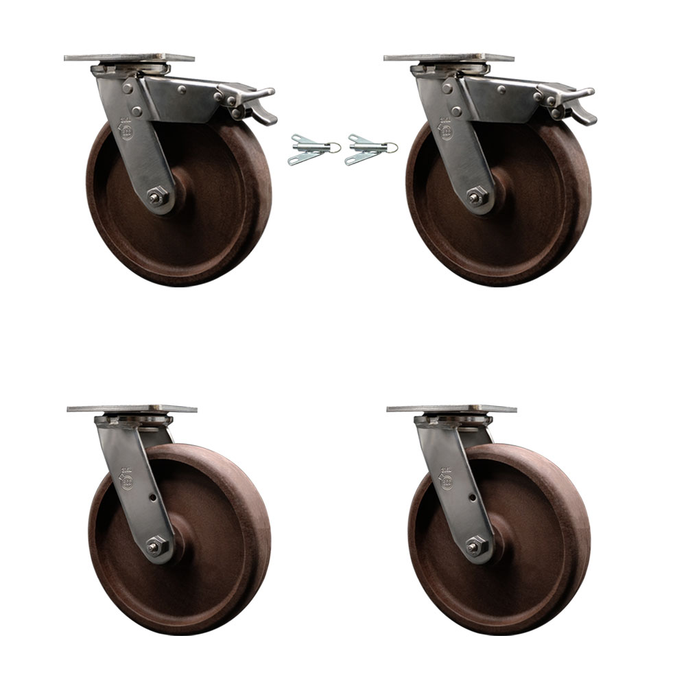 316 Stainless Heavy Duty Swivel Caster Set with 8 Inch High Temperature Glass Filled Nylon Wheels - Includes 2 Swivel with Total Lock Brakes and 2 Swivel with Bolt on Swivel Locks-Service Caster Brand — photo 1