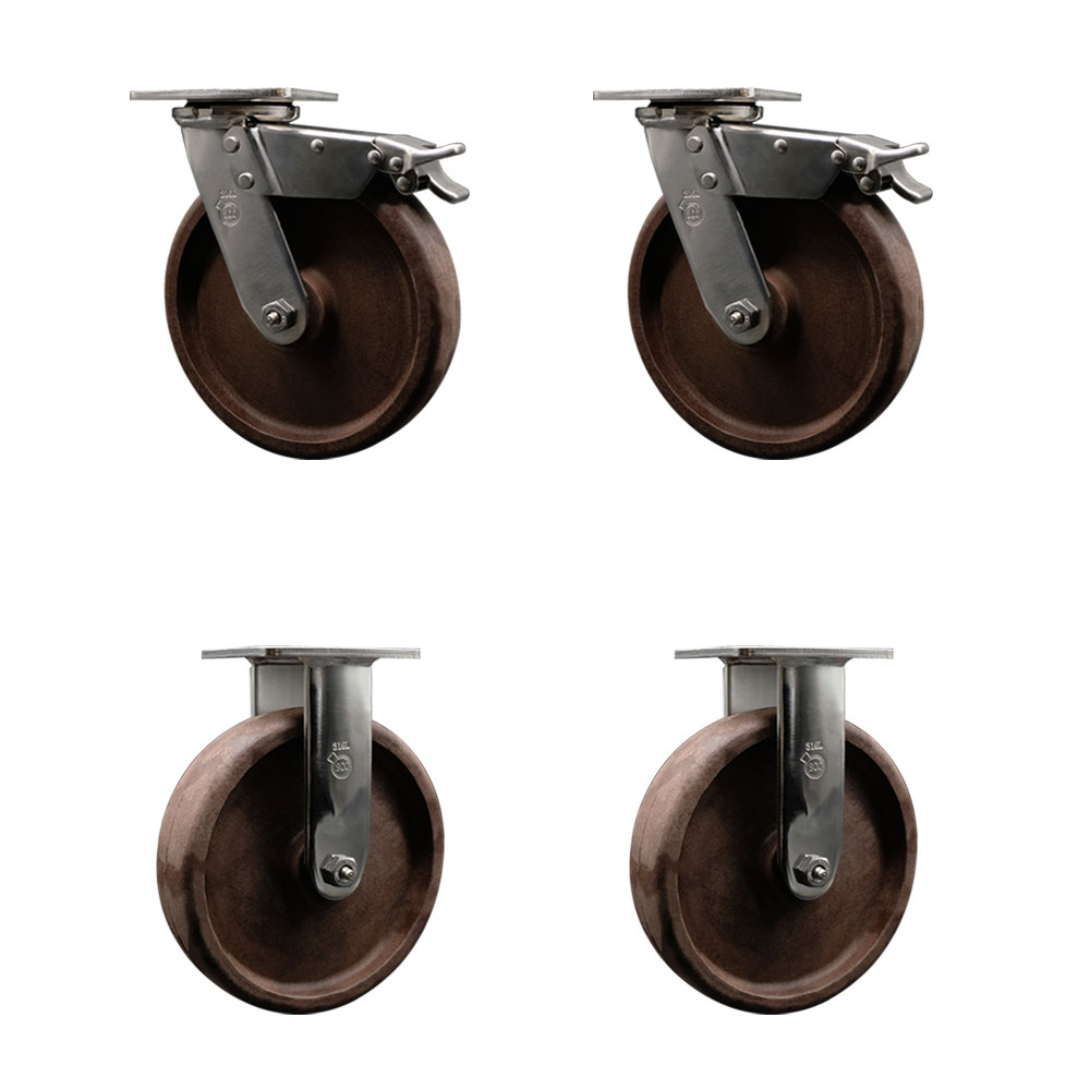 316 Stainless Steel Heavy Duty Swivel Caster Set of 4 with 8 Inch High Temp Glass Filled Nylon Wheels-Includes 2 Swivel with Total Lock Brake and 2 Rigid-4,800 lbs. Total Capacity-Service Caster Brand — photo 1