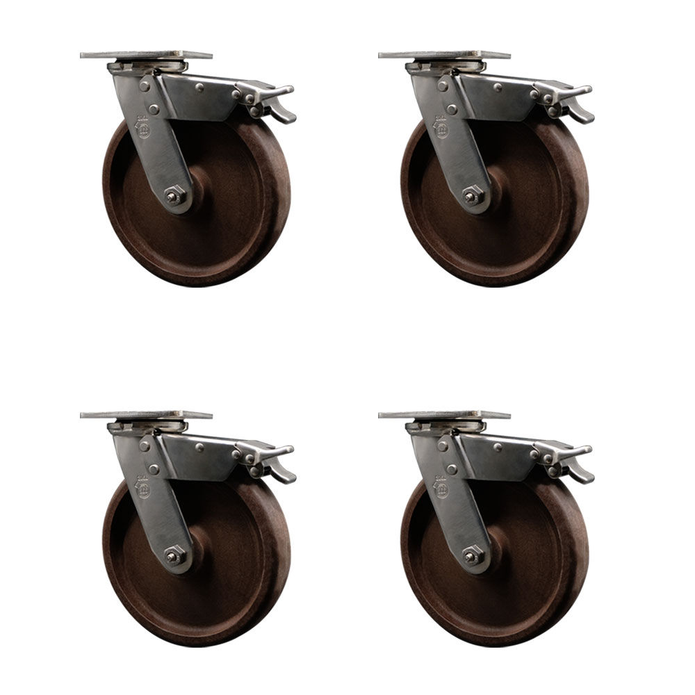 316 Stainless Steel Heavy Duty Swivel Caster Set of 4 with 8 Inch High Temperature Glass Filled Nylon Wheels - Includes 4 Swivel with Total Lock Brakes-4,800 lbs. Total Capacity - Service Caster Brand — photo 1