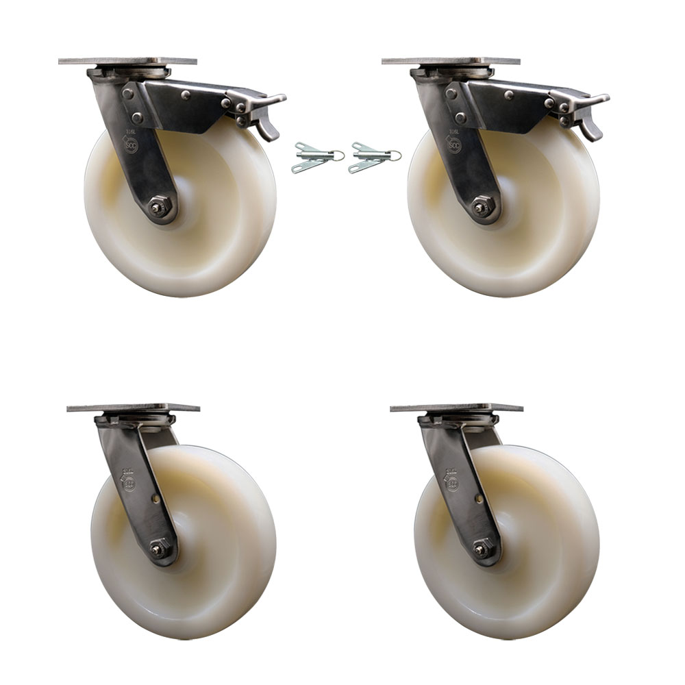 316 Stainless Heavy Duty Swivel Caster Set with 8 Inch Nylon Wheels and Delrin Bearings - Includes 2 Swivel with Total Lock Brakes and 2 Swivel with Bolt on Swivel Locks - Service Caster Brand — photo 1