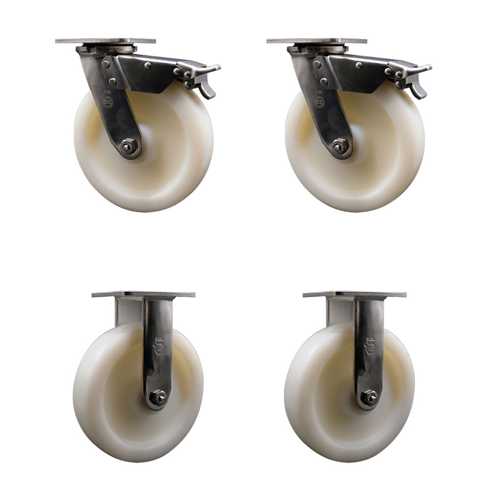316 Stainless Steel Heavy Duty Swivel Caster Set of 4 with 8 Inch Nylon Wheels and Ball Bearings - Includes 2 Swivel with Total Lock Brakes and 2 Rigid-5,000 lbs. Total Capacity - Service Caster Brand — photo 1
