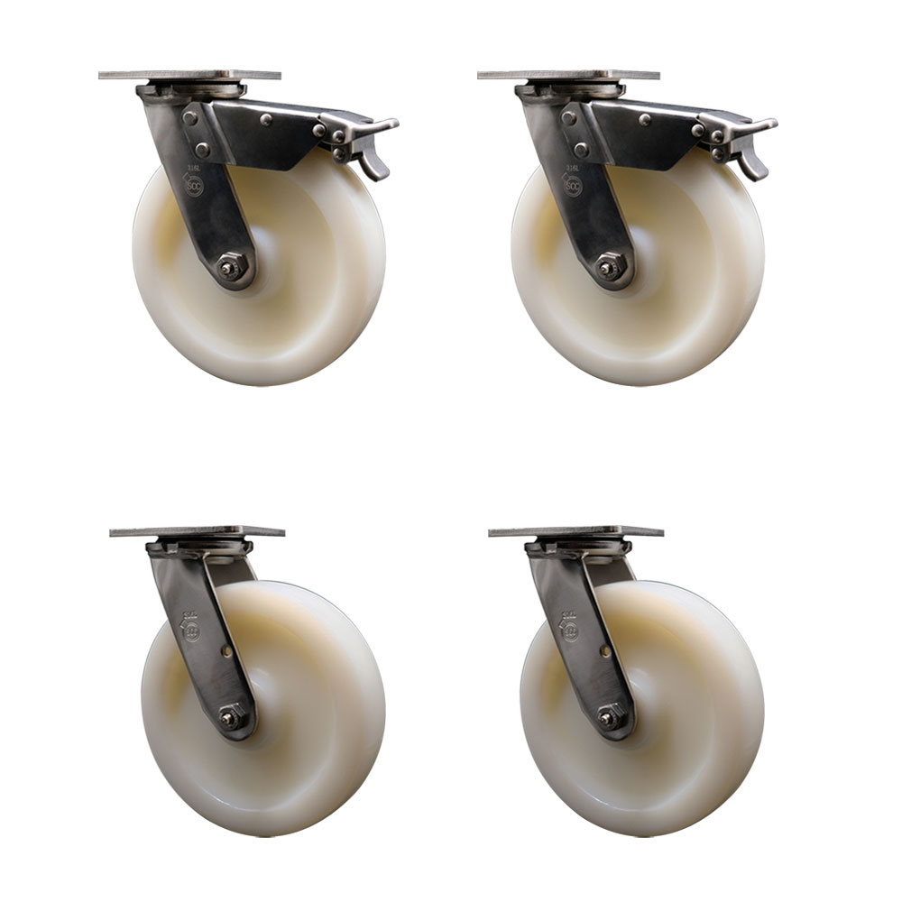 316 Stainless Steel Heavy Duty Swivel Caster Set of 4 with 8 Inch Nylon Wheels and Delrin Bearings - Includes 4 Swivel with 2 Total Lock Brakes - 5,000 lbs. Total Capacity - Service Caster Brand — photo 1