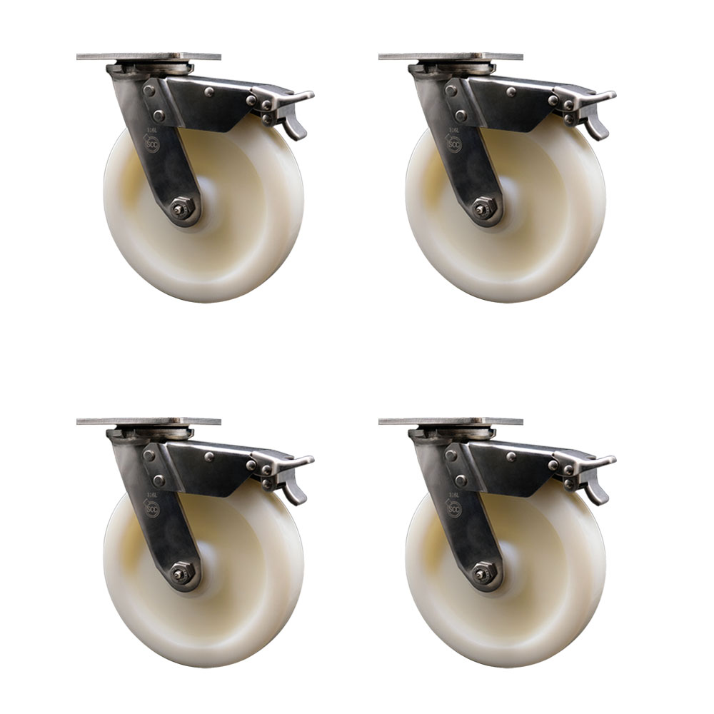 316 Stainless Steel Heavy Duty Swivel Caster Set of 4 with 8 Inch Nylon Wheels and Ball Bearings - Includes 4 Swivel with Total Lock Brakes - 5,000 lbs. Total Capacity - Service Caster Brand — photo 1