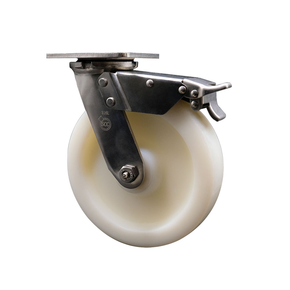316 Stainless Steel Heavy Duty Swivel Top Plate Caster with Total Lock Brake and 8 Inch Nylon Wheel with Ball Bearings - 1,250 lbs. Capacity/Caster - Service Caster Brand — photo 1