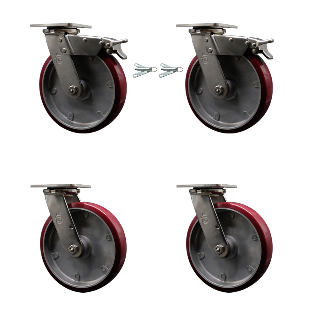 316 Stainless Heavy Duty Swivel Caster Set with 8 Inch Poly on Aluminum Wheels and Ball Bearings - Includes 2 Swivel with Total Lock Brakes and 2 Swivel with Bolt on Swivel Locks- Service Caster Brand — photo 1