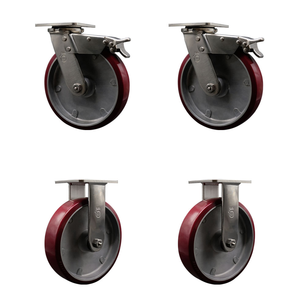 316 Stainless Steel Heavy Duty Swivel Caster Set of 4 with 8 Inch Polyurethane on Aluminum Wheels and Delrin Bearings - Includes 2 Swivel with Total Lock Brakes and 2 Rigid - Service Caster Brand — photo 1