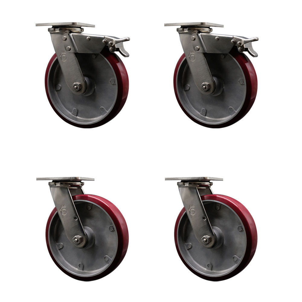 316 Stainless Steel Heavy Duty Swivel Caster Set of 4 with 8 Inch Polyurethane on Aluminum Wheels and Ball Bearings - Includes 4 Swivel with 2 Total Lock Brakes - Service Caster Brand — photo 1