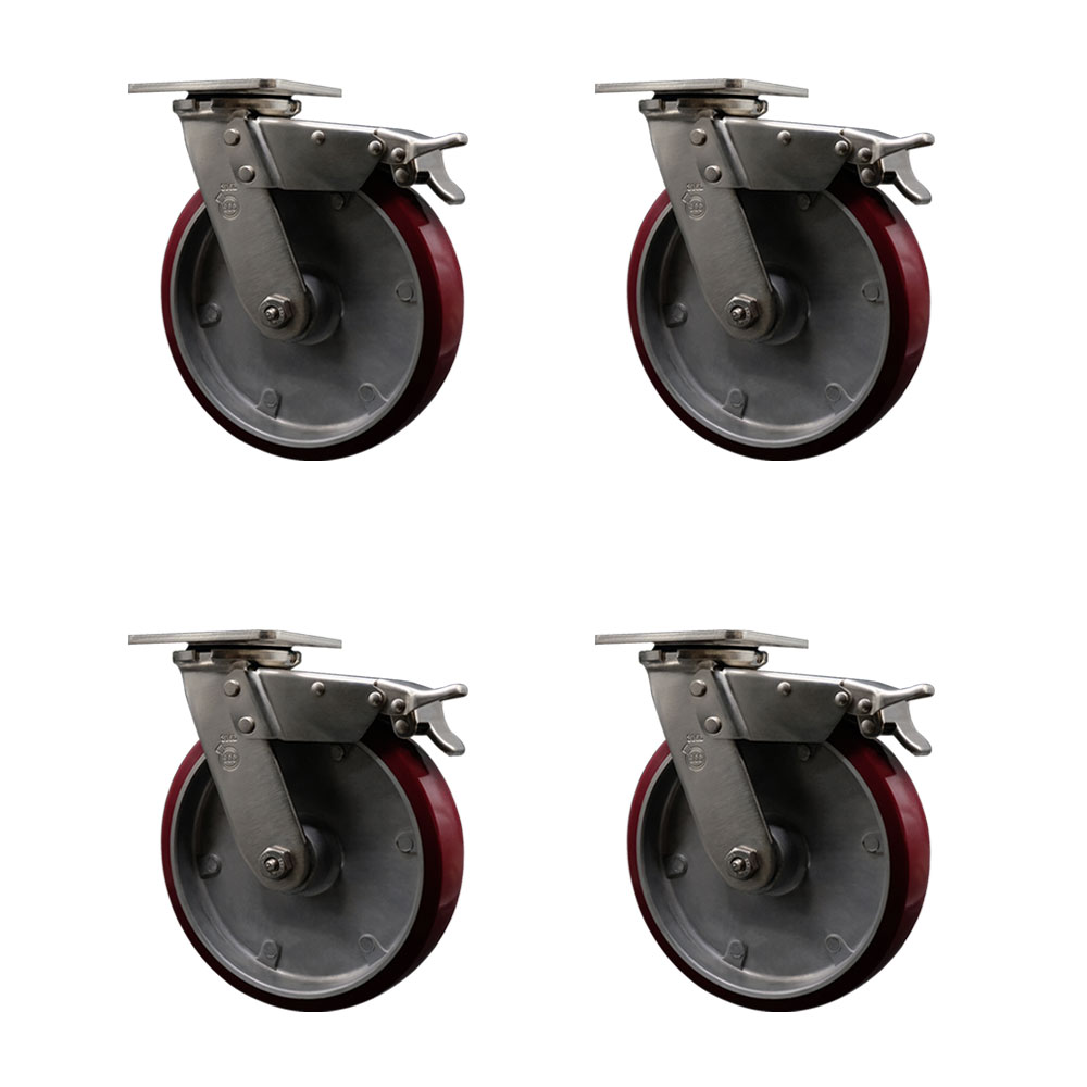 316 Stainless Steel Heavy Duty Swivel Caster Set of 4 with 8 Inch Polyurethane on Aluminum Wheels - Includes 4 Swivel with Total Lock Brakes - 5,000 lbs. Total Capacity - Service Caster Brand — photo 1