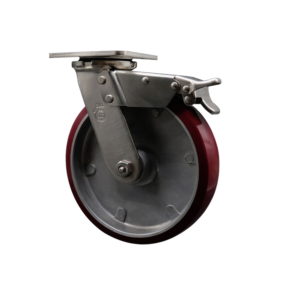 316 Stainless Steel Heavy Duty Swivel Top Plate Caster with Total Lock Brake and 8 Inch Polyurethane on Aluminum Wheel with Ball Bearings - 1,250 lbs. Capacity/Caster - Service Caster Brand — photo 1