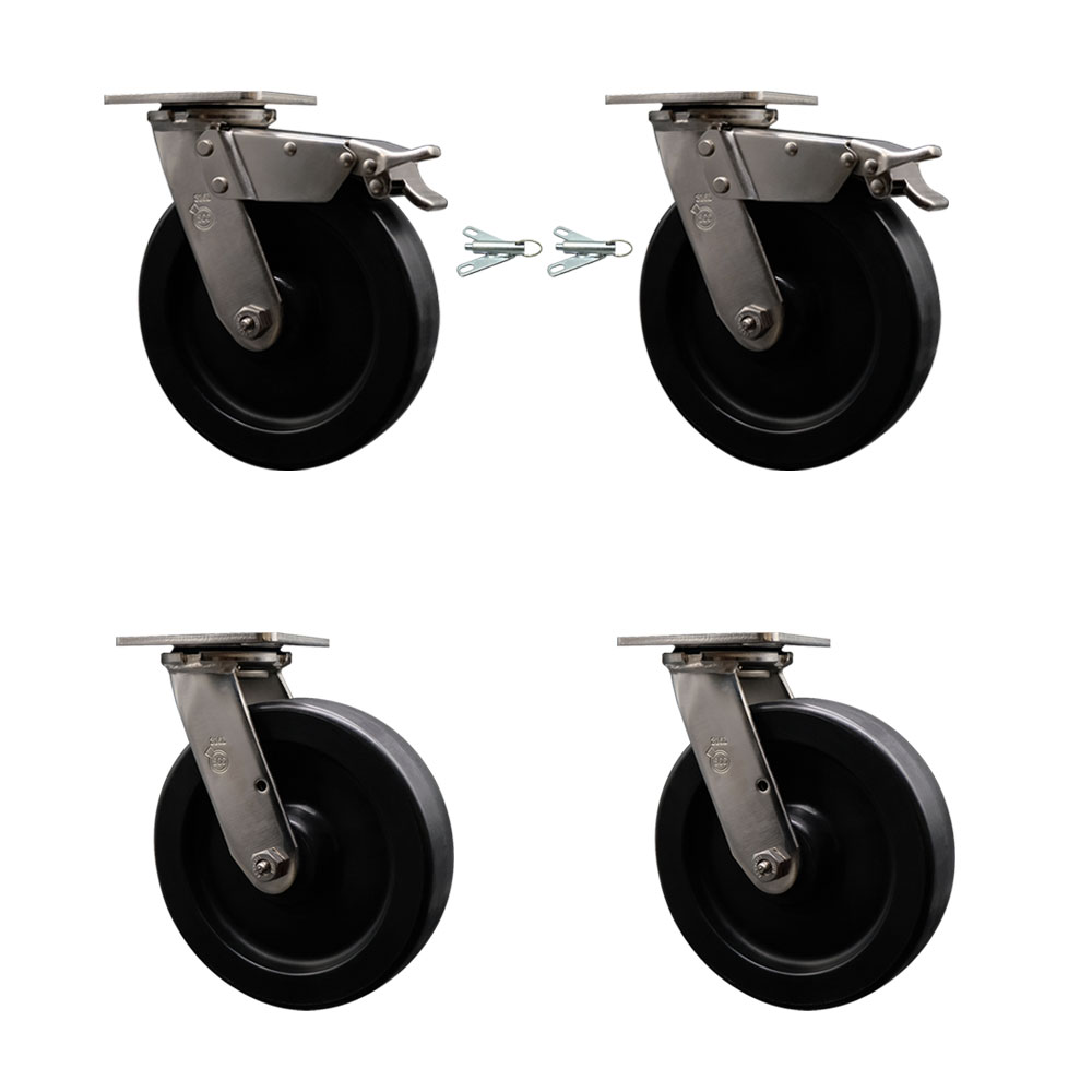 316 Stainless Heavy Duty Swivel Caster Set with 8 Inch Polyolefin Wheels and Ball Bearings - Includes 2 Swivel with Total Lock Brakes and 2 Swivel with Bolt on Swivel Locks - Service Caster Brand — photo 1