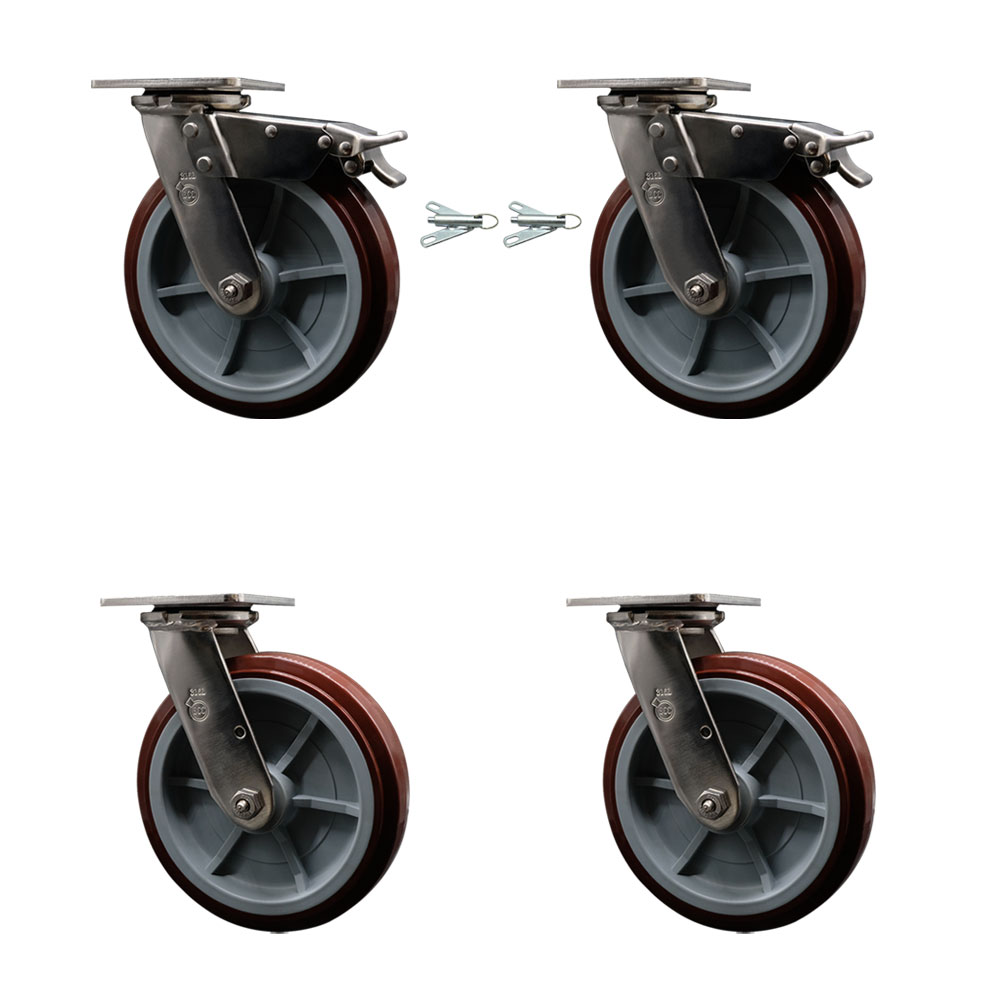 316 Stainless Heavy Duty Swivel Caster Set with 8 Inch Polyurethane Wheels and Ball Bearings - Includes 2 Swivel with Total Lock Brakes and 2 Swivel with Bolt on Swivel Locks - Service Caster Brand — photo 1