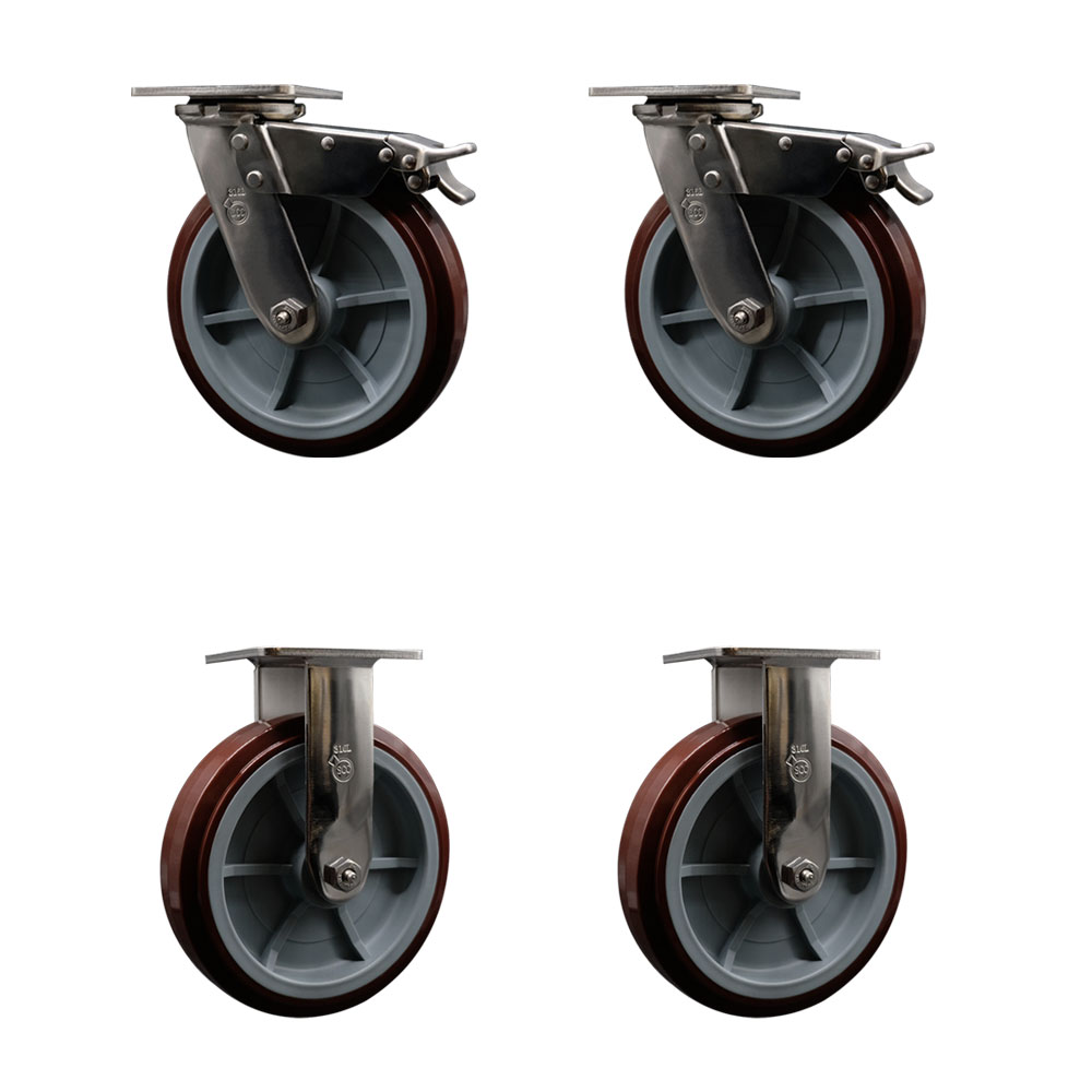 316 Stainless Steel Heavy Duty Swivel Caster Set of 4 with 8 Inch Polyurethane Wheels - Includes 2 Swivel with Total Lock Brakes and 2 Rigid - 4,000 lbs. Total Capacity - Service Caster Brand — photo 1