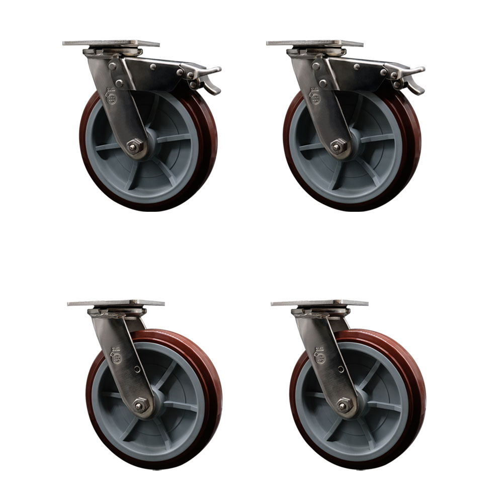 316 Stainless Steel Heavy Duty Swivel Caster Set of 4 with 8 Inch Polyurethane Wheels - Includes 4 Swivel with 2 Total Lock Brakes - 4,000 lbs. Total Capacity - Service Caster Brand — photo 1