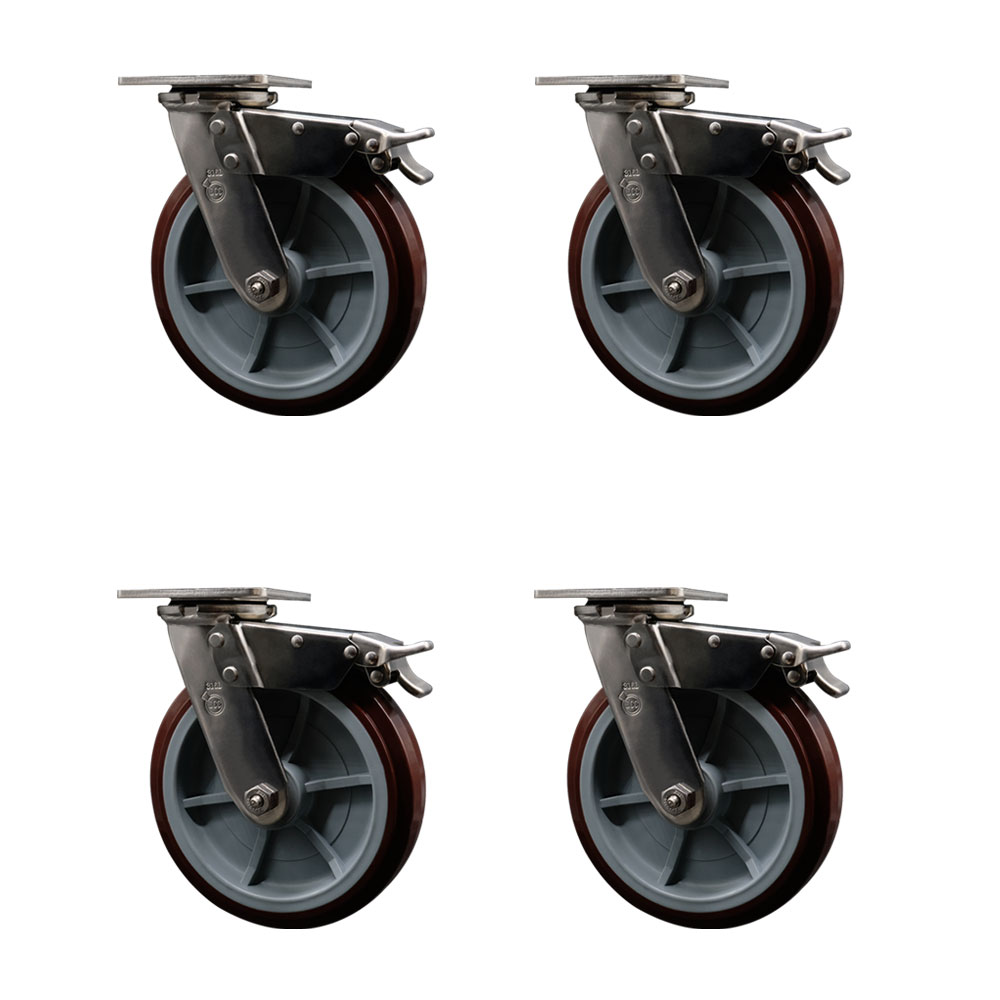 316 Stainless Steel Heavy Duty Swivel Caster Set of 4 with 8 Inch Polyurethane Wheels - Includes 4 Swivel with Total Lock Brakes - 4,000 lbs. Total Capacity - Service Caster Brand — photo 1