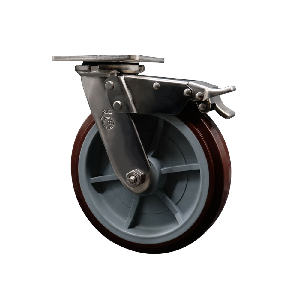 316 Stainless Steel Heavy Duty Swivel Top Plate Caster with Total Lock Brake and 8 Inch Polyurethane Wheel - 1,000 lbs. Capacity/Caster - Service Caster Brand — photo 1