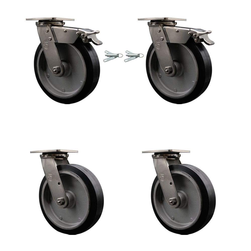 316 Stainless Heavy Duty Swivel Caster Set with 8 Inch Rubber on Aluminum Wheels and Delrin Bearings-Includes 2 Swivel with Total Lock Brakes and 2 Swivel with Bolt on Swivel Lock-Service Caster Brand — photo 1