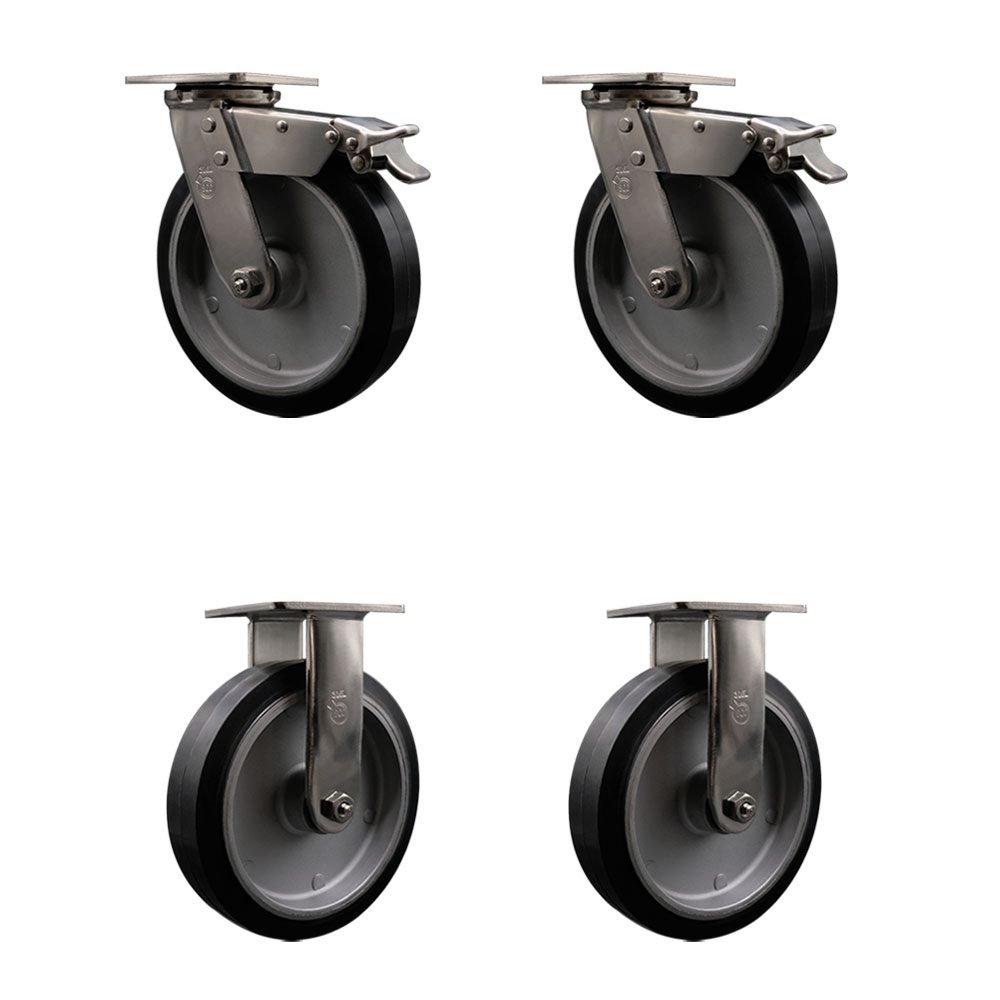 316 Stainless Steel Heavy Duty Swivel Caster Set of 4 with 8 Inch Rubber on Aluminum Wheels - Includes 2 Swivel with Total Lock Brakes and 2 Rigid - 2,400 lbs. Total Capacity - Service Caster Brand — photo 1