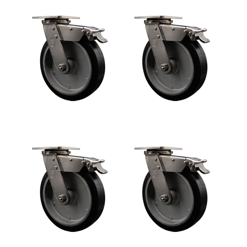316 Stainless Steel Heavy Duty Swivel Caster Set of 4 with 8 Inch Rubber on Aluminum Wheels and Ball Bearings - Includes 4 Swivel with Total Lock Brakes -2,400 lbs. Total Capacity-Service Caster Brand — photo 1