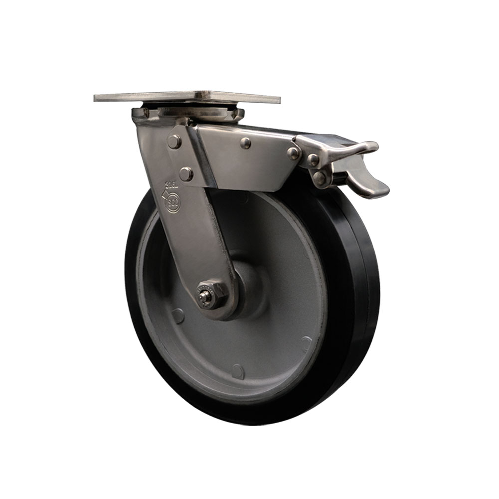316 Stainless Steel Heavy Duty Swivel Top Plate Caster with Total Lock Brake and 8 Inch Rubber on Aluminum Wheel with Ball Bearings - 600 lbs. Capacity/Caster - Service Caster Brand — photo 1