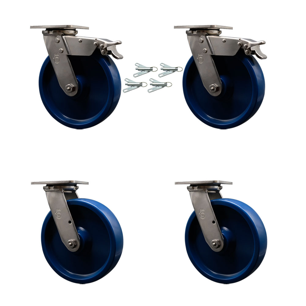 316 Stainless Heavy Duty Swivel Caster Set with 8 Inch Solid Polyurethane Wheels and Ball Bearings- Includes 2 Swivel with Total Lock Brakes and 2 Swivel with Bolt on Swivel Locks-Service Caster Brand — photo 1