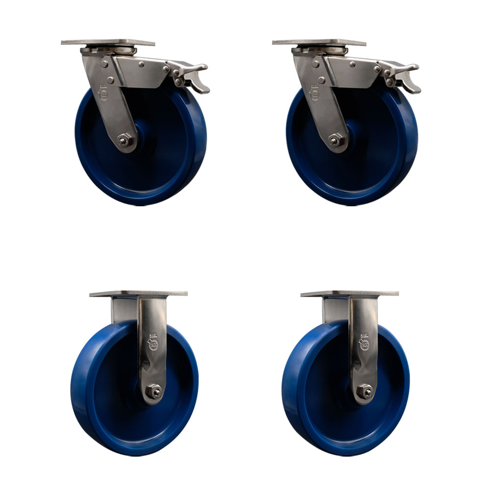 316 Stainless Steel Heavy Duty Swivel Caster Set of 4 with 8 Inch Solid Polyurethane Wheels - Includes 2 Swivel with Total Lock Brakes and 2 Rigid - 4,800 lbs. Total Capacity - Service Caster Brand — photo 1