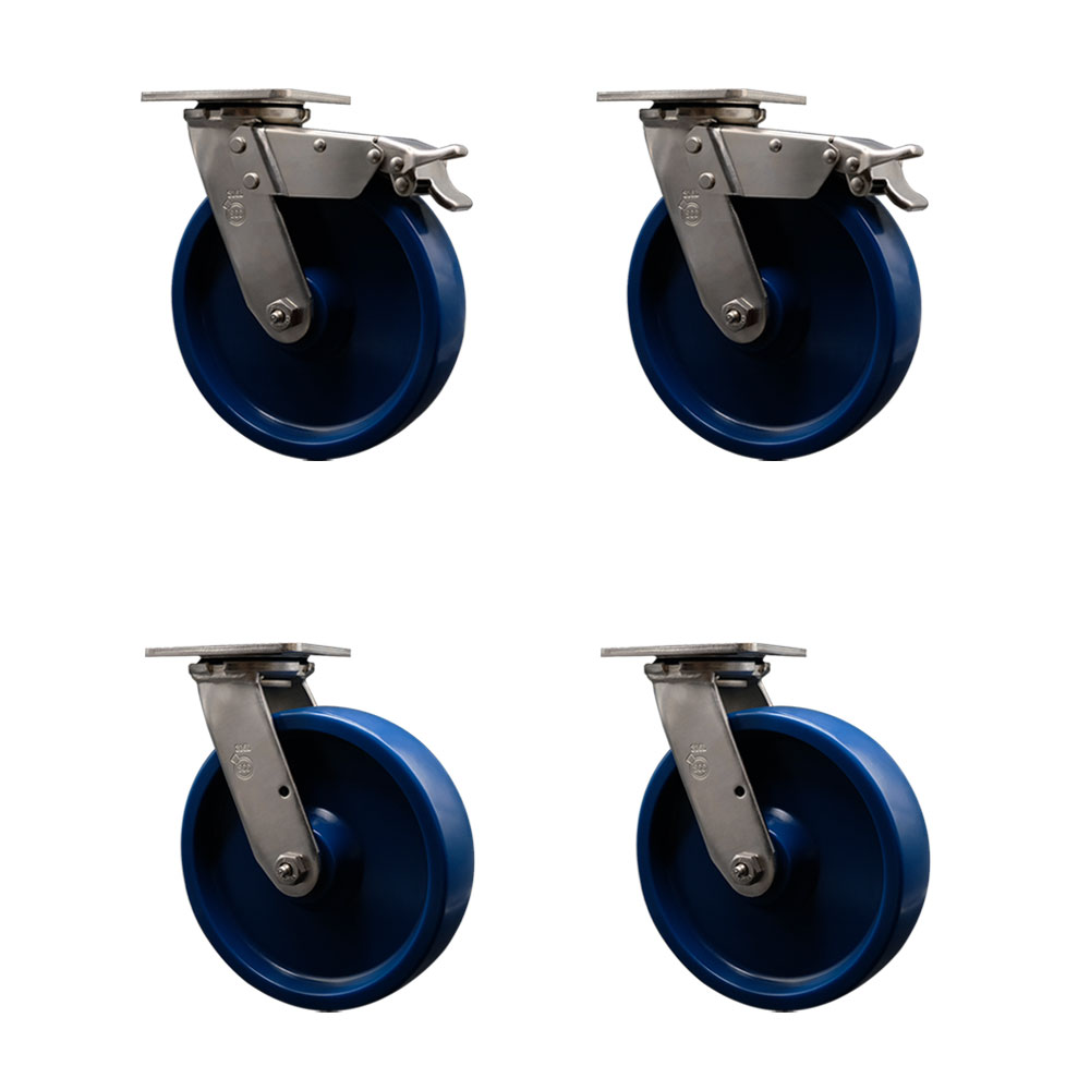 316 Stainless Steel Heavy Duty Swivel Caster Set of 4 with 8 Inch Solid Polyurethane Wheels and Ball Bearings- Includes 4 Swivel with 2 Total Lock Brakes-4,800 lbs. Total Capacity-Service Caster Brand — photo 1