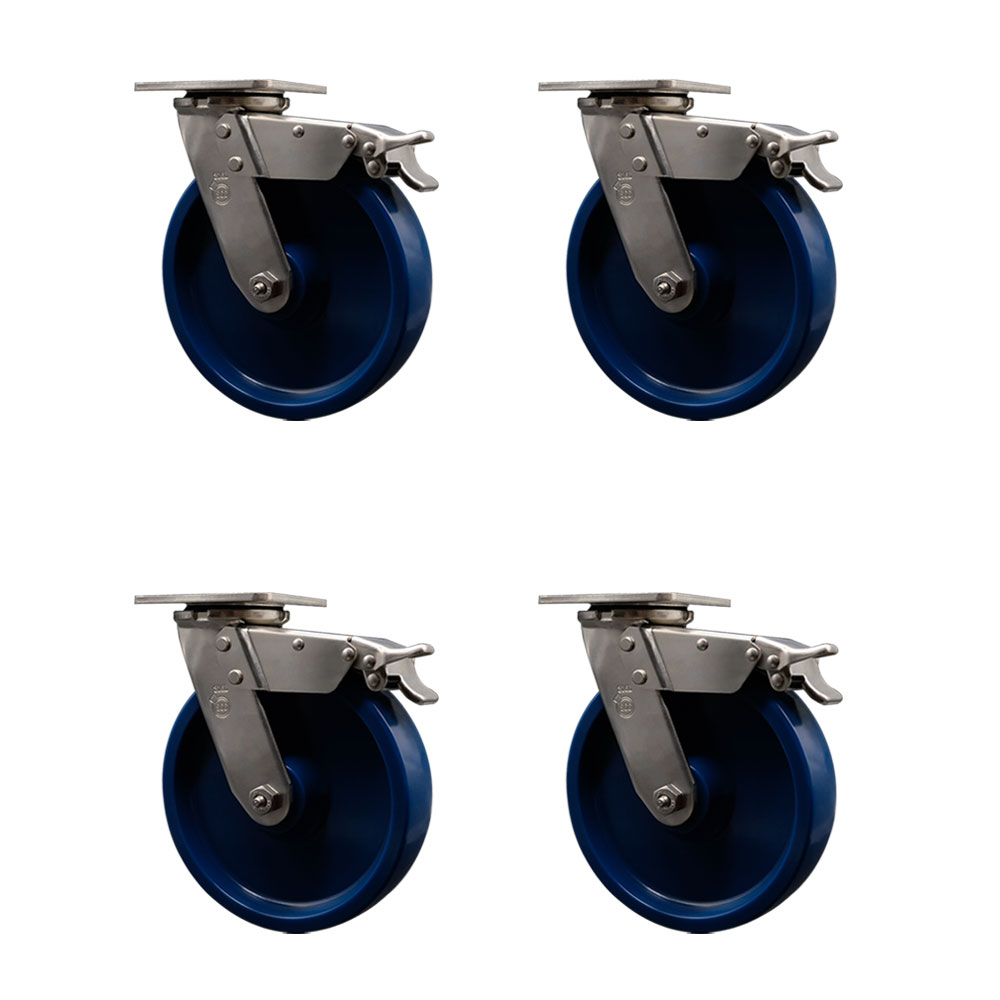 316 Stainless Steel Heavy Duty Swivel Caster Set of 4 with 8 Inch Solid Polyurethane Wheels and Delrin Bearings-Includes 4 Swivel with Total Lock Brakes- 4,800 lbs. Total Capacity-Service Caster Brand — photo 1