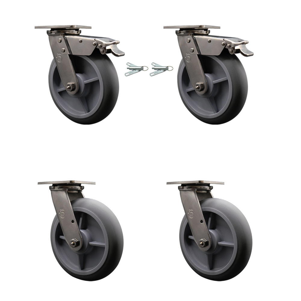 316 Stainless Heavy Duty Swivel Caster Set with 8 Inch Thermoplastic Rubber Donut Tread Wheels and Ball Bearings-Includes 2 Swivel with Total Lock Brake and 2 Swivel w/Swivel Lock-Service Caster Brand — photo 1
