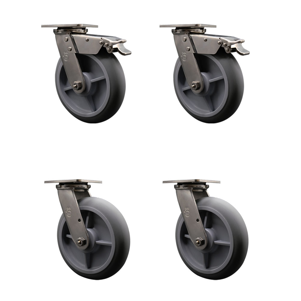 316 Stainless Steel Heavy Duty Swivel Caster Set of 4 with 8 Inch Thermoplastic Rubber Donut Tread Wheels and Ball Bearings - Includes 4 Swivel with 2 Total Lock Brakes - Service Caster Brand — photo 1